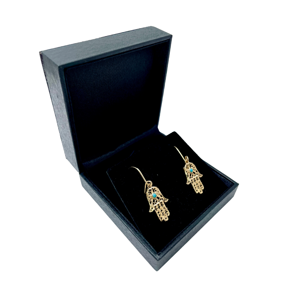 14k Gold Hamsa Earrings with Turquoise