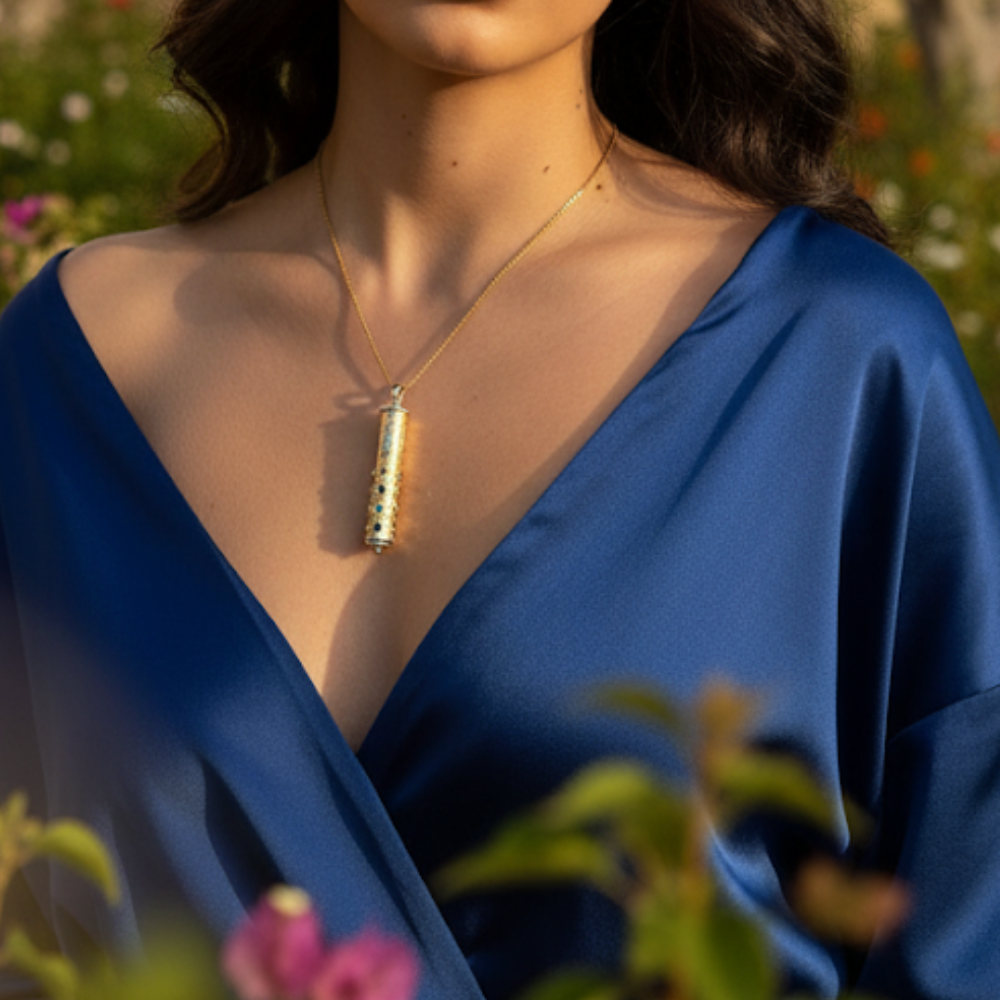 Mezuzah Pendant in 14K Two Tone Gold with Hoshen Stones - Talisman