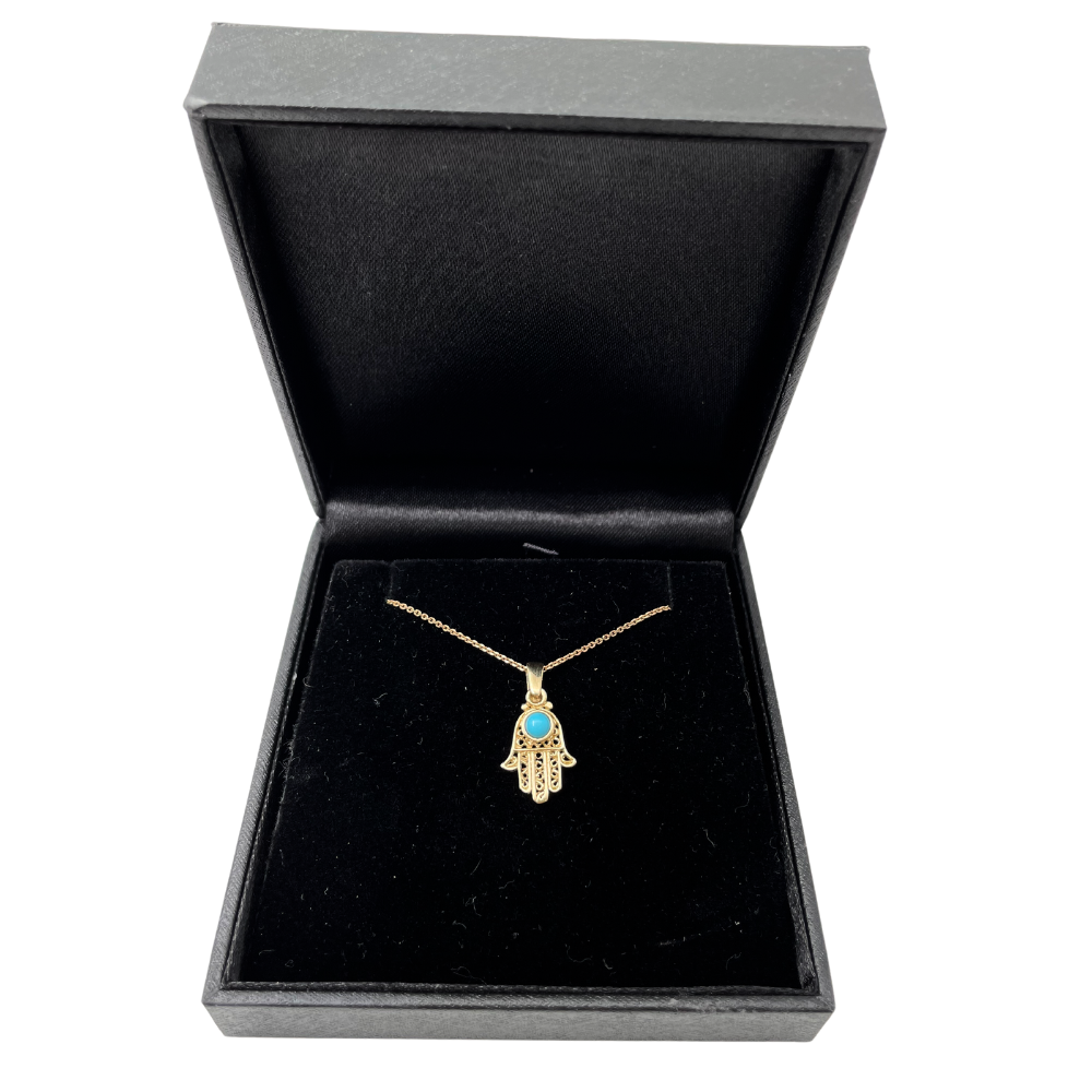 14K Gold Turquoise Filigree Mini Hamsa Pendant