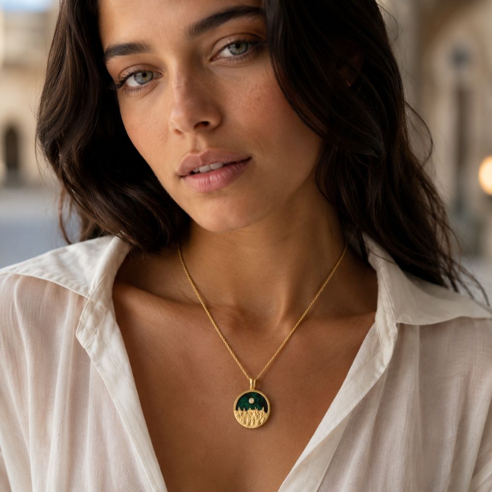 14K Gold Jerusalem Skyline Pendant with Eilat Stone & Diamond