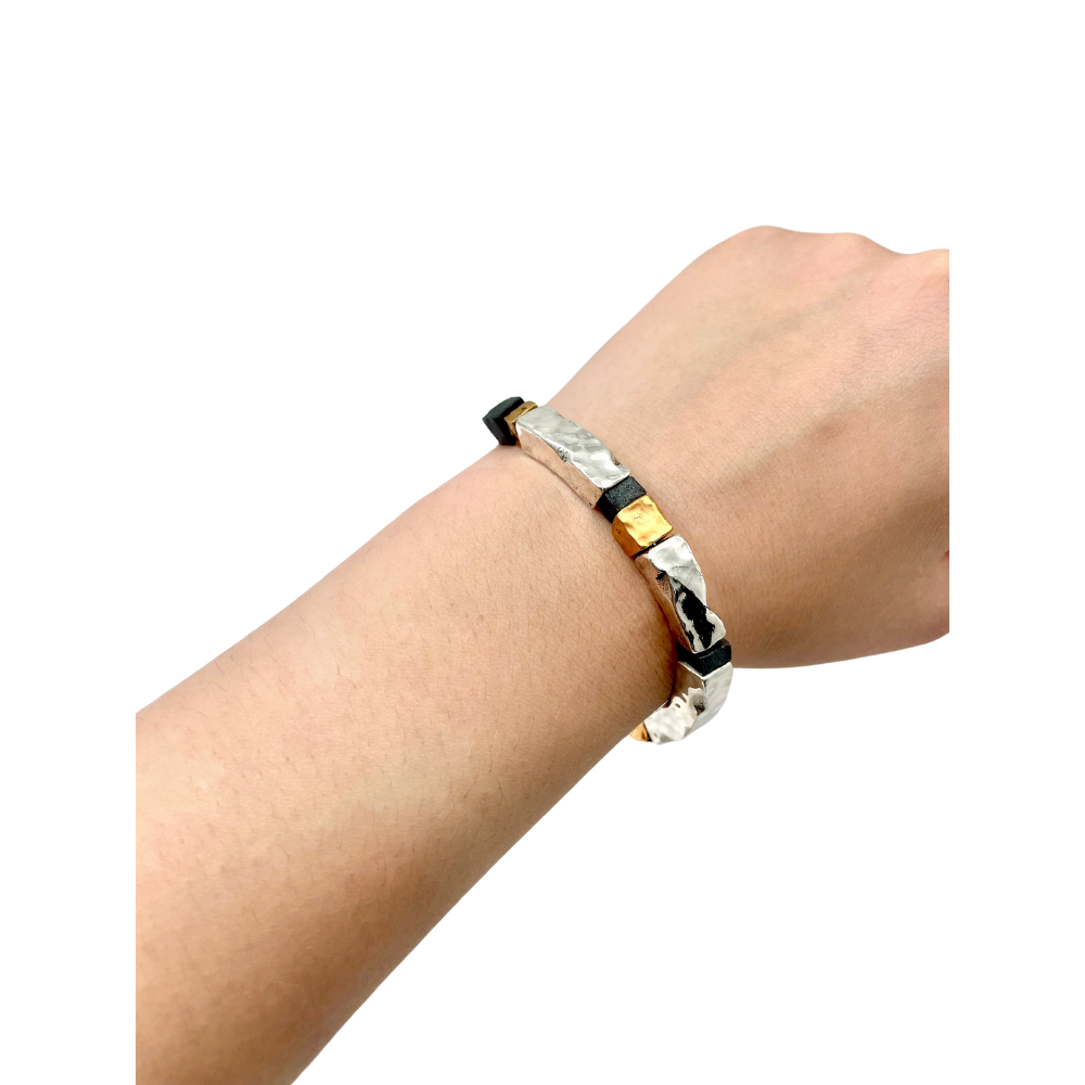 Hammered Silver and Gold Plated Block Israeli Bracelet