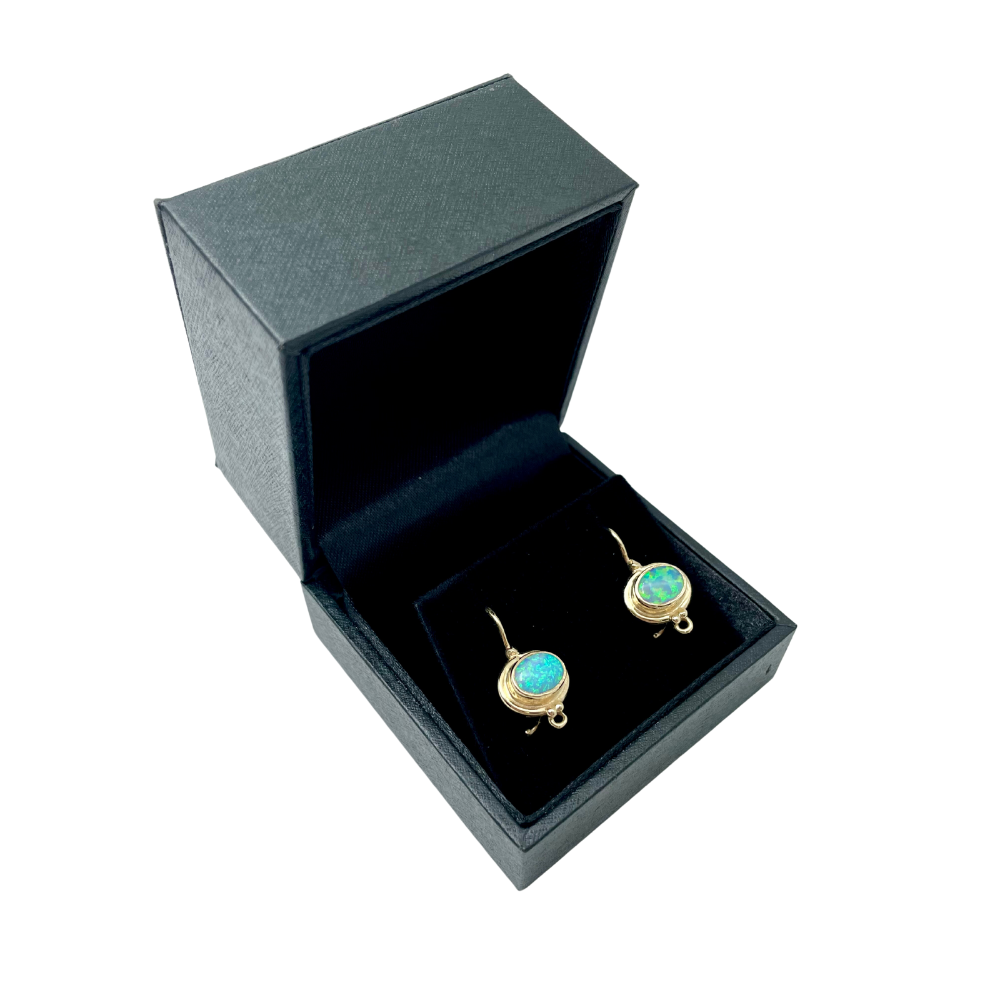 Blue Opal 14k Yellow Gold Hook Round Ethnic Oval Earrings