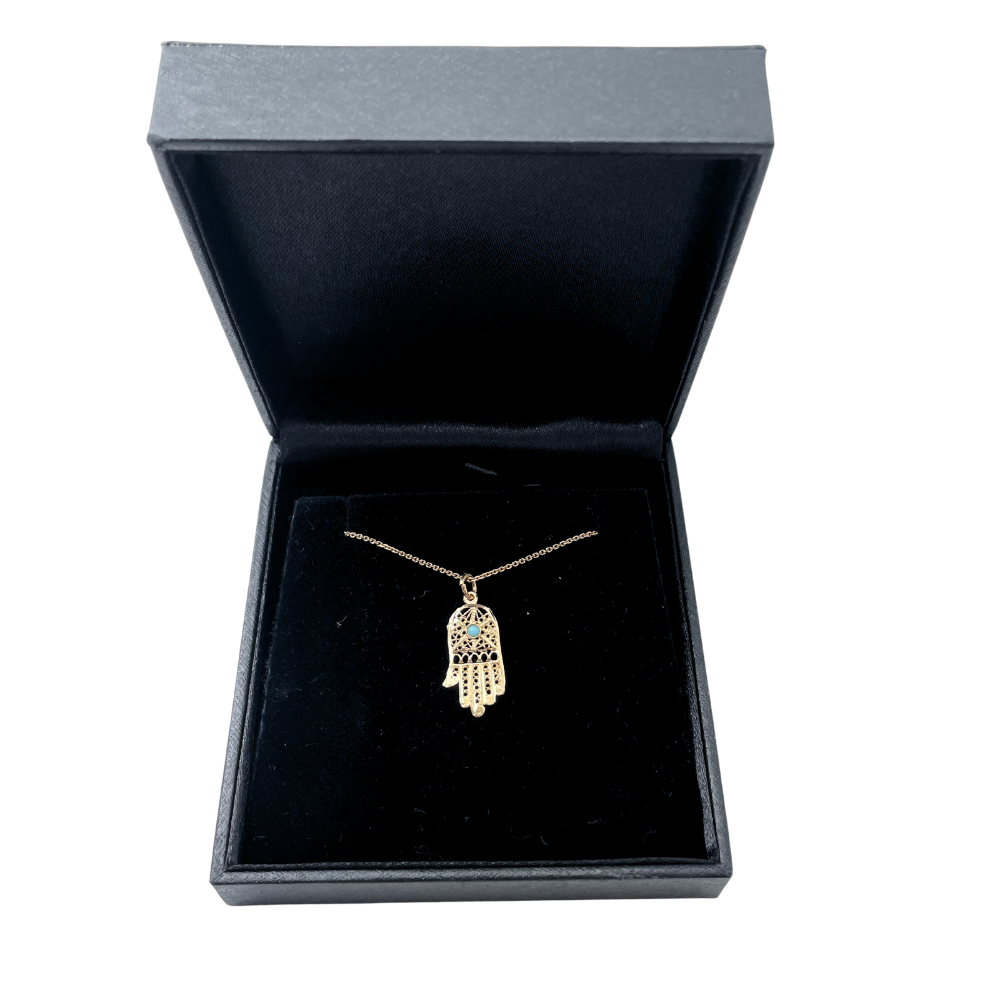 14k Gold Filigree Turquoise Hamsa Pendant