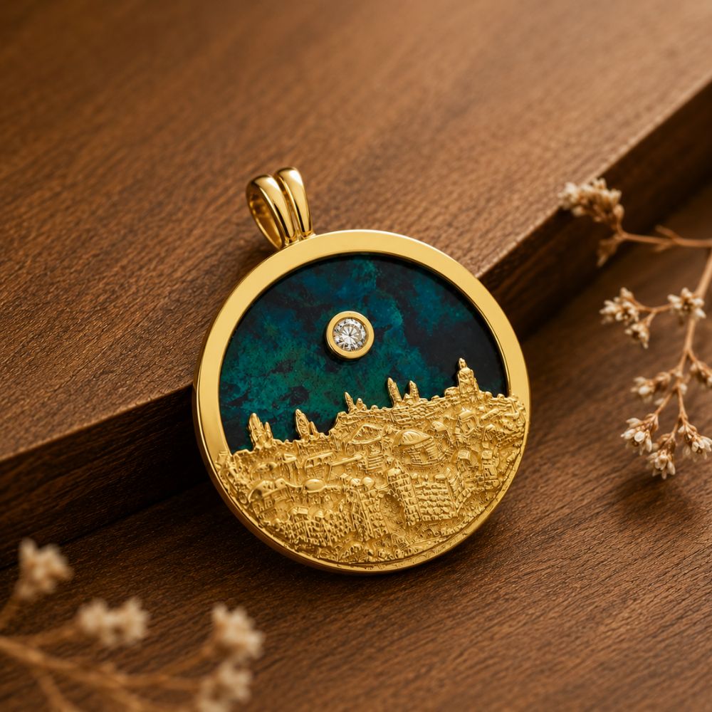 14K Gold Jerusalem Skyline Pendant with Eilat Stone & Diamond
