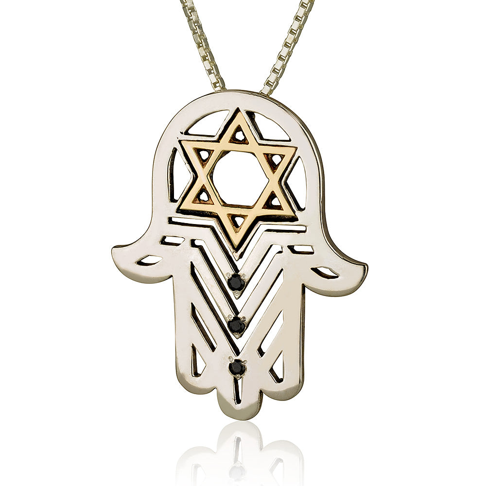 Star of David Hamsa Pendant with Black Diamonds