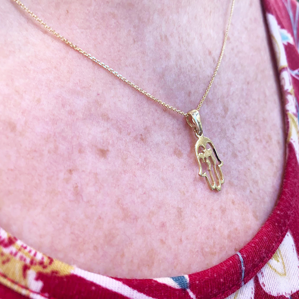 Hebrew jewelry - Hamsa Hai Hand Yellow Gold Cutout Pendant
