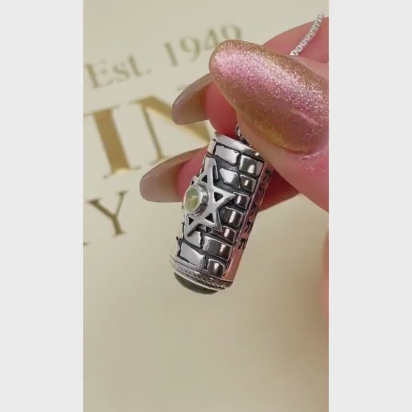 Load video: Sterling Silver Star of David Mezuzah Pendant Necklace with Garnet and Chrysoberyl Stones