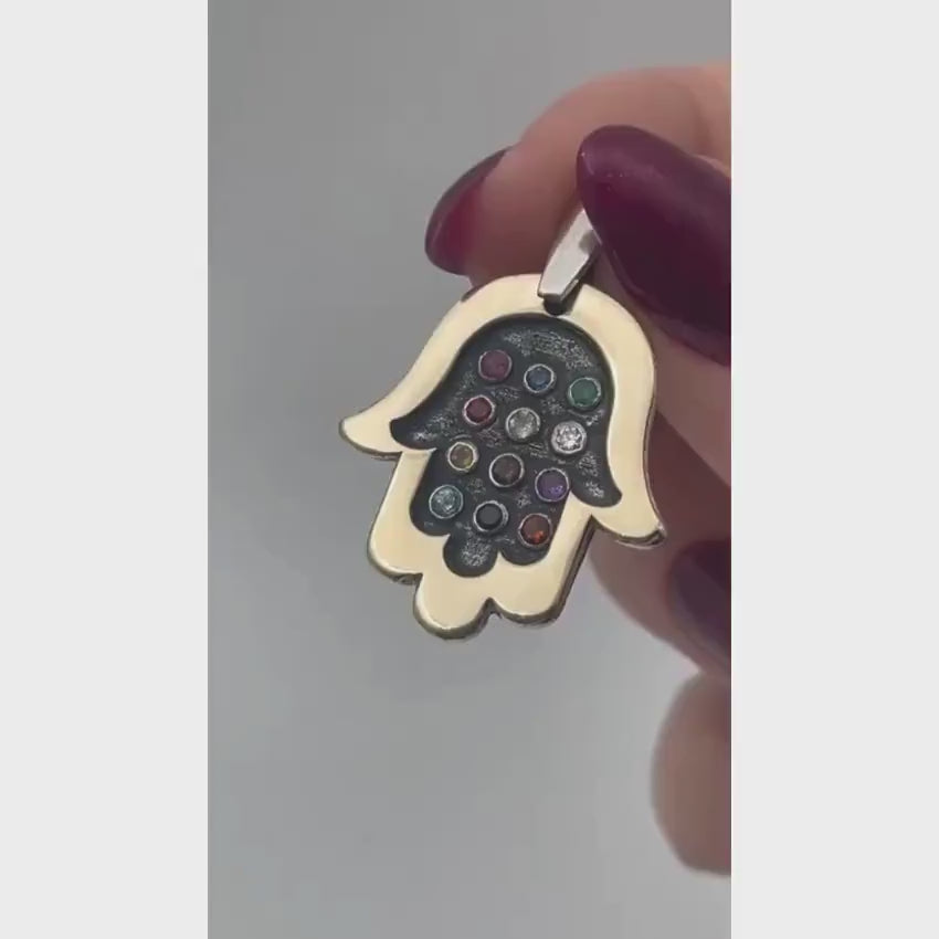 Load video: Hamsa Necklace with Hoshen Gemstones in Silver and 9K Gold