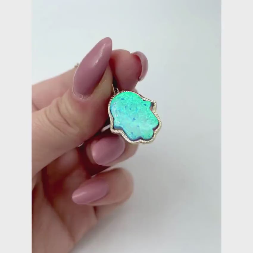 Load video: Blue Opal Hamsa Pendant in 14k Yellow Gold