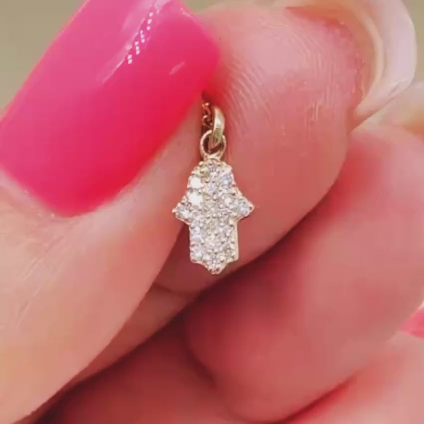 Load video: 14K Yellow Gold Diamond Hamsa Hand Pendant Necklace