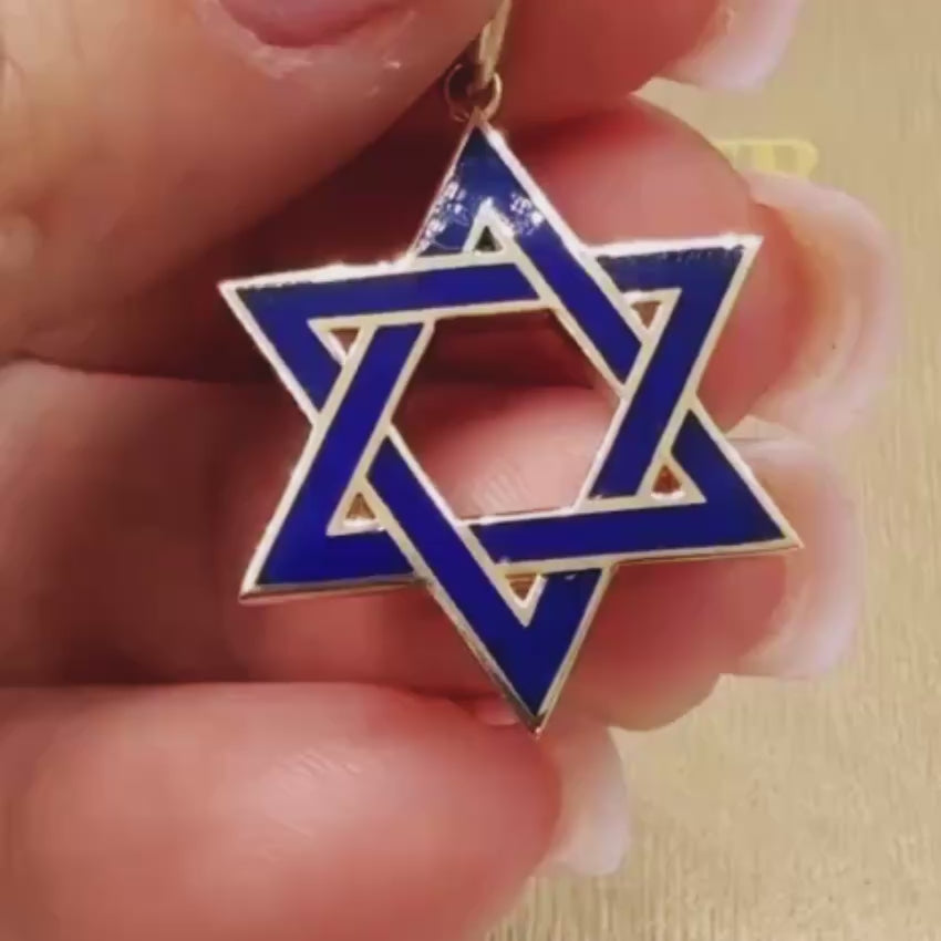 Load video: 14K Gold Blue Enamel Star of David Pendant