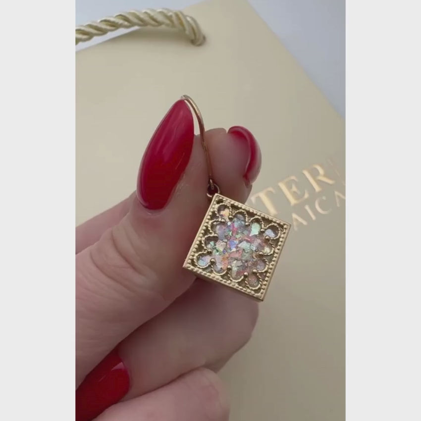 Load video: Roman Glass and Yemenite Filigree 14K Gold Earrings - Square