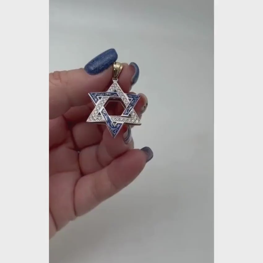Load video: Star of David Pendant - 14K Yellow &amp; White Gold with Blue Enamel Diamond-Studded