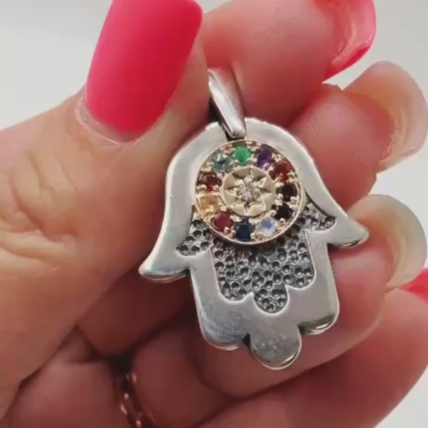 Load video: Sterling Silver &amp; 9K Gold Hamsa Necklace with Round Hoshen Gemstones