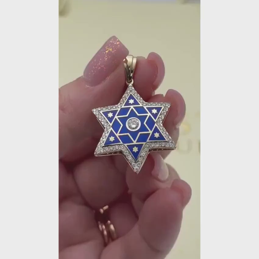Load video: Diamond Star of David Pendant in 14K Gold with Blue Enamel - 1.2" Size