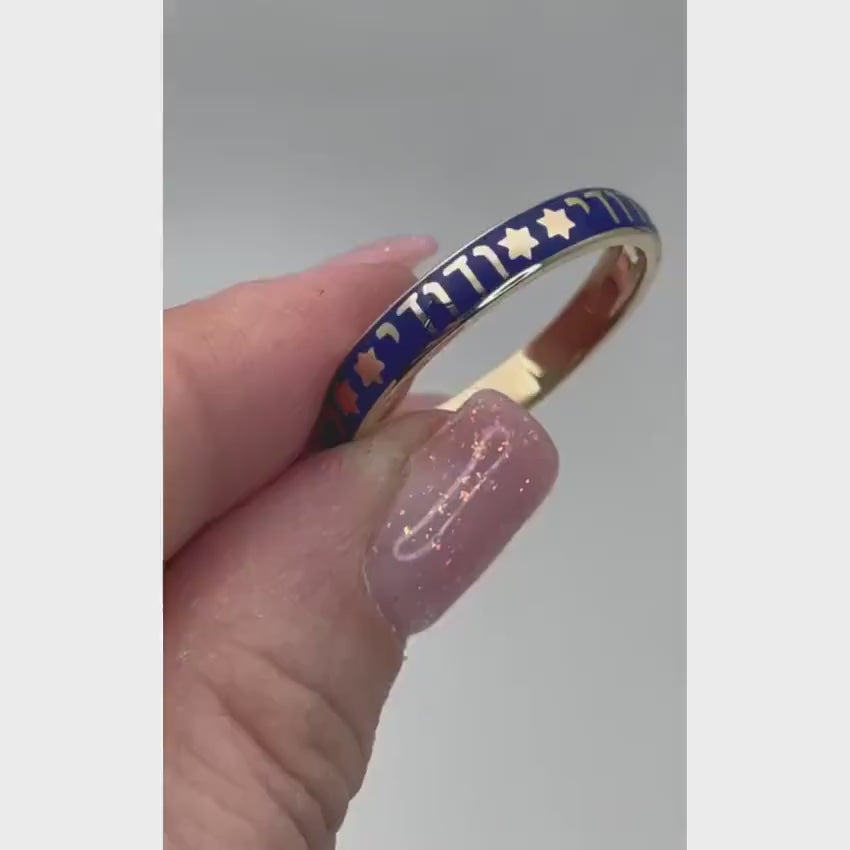 Load video: 14K Gold and Blue Enamel Ani Ledodi Hebrew Wedding Ring