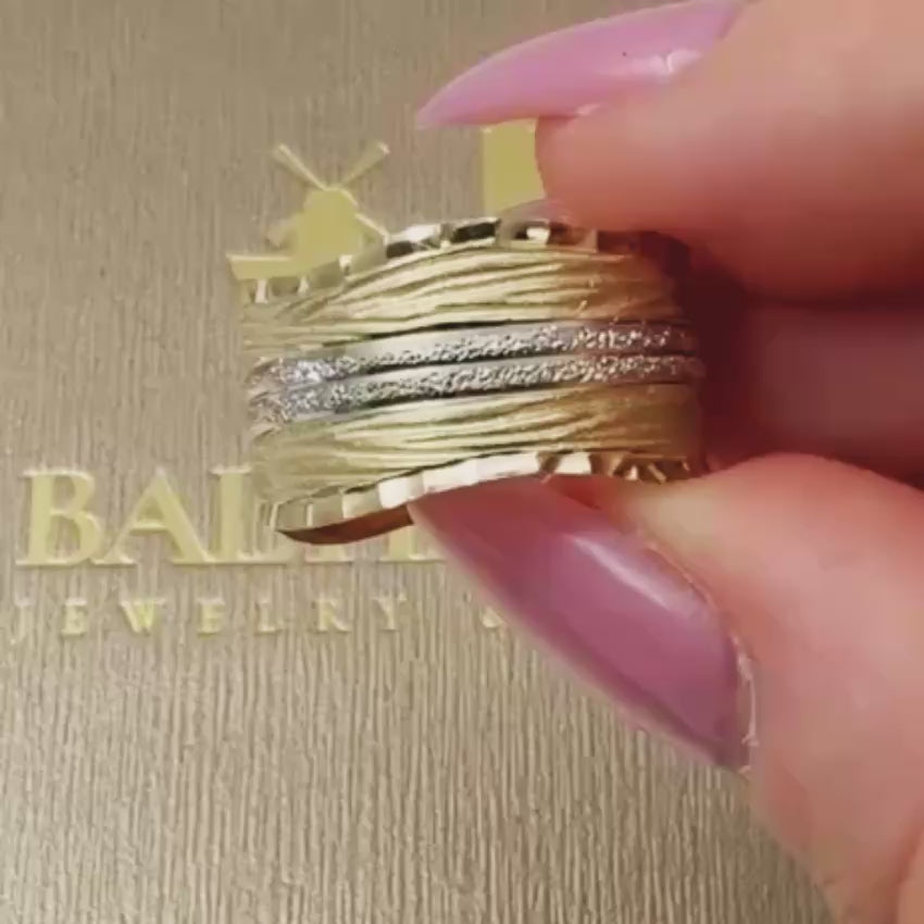 Load video: 14K Two-Tone Gold Textured Wide Band Ring