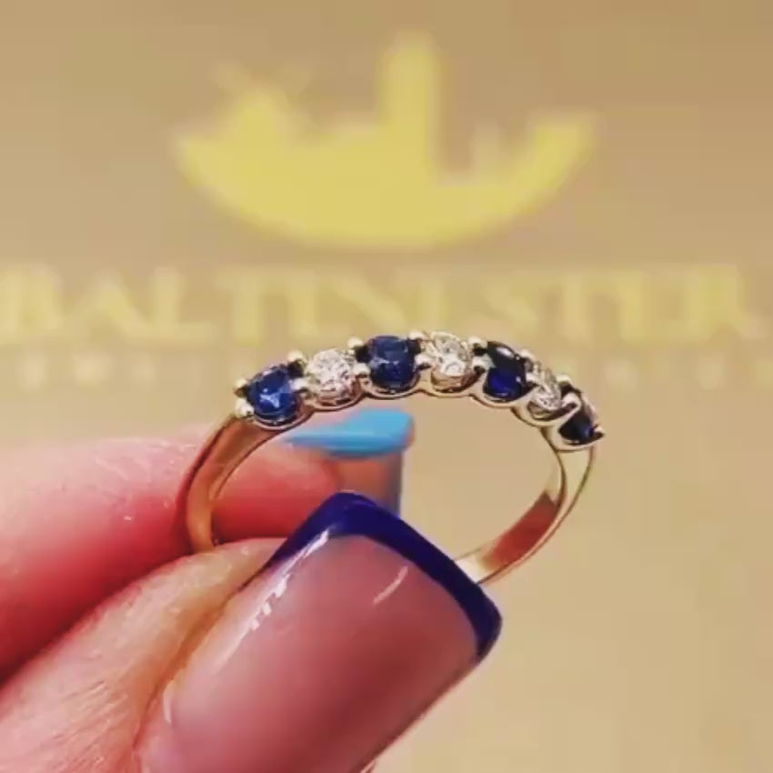 Load video: Sapphire &amp; Diamond Half Eternity Band Ring in 14k Yellow Gold