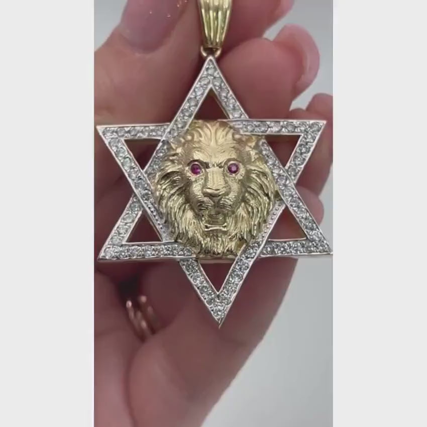 Load video: Star of David with Lion of Judah Pendant For Men in 14K Gold with Diamonds &amp; Rubies