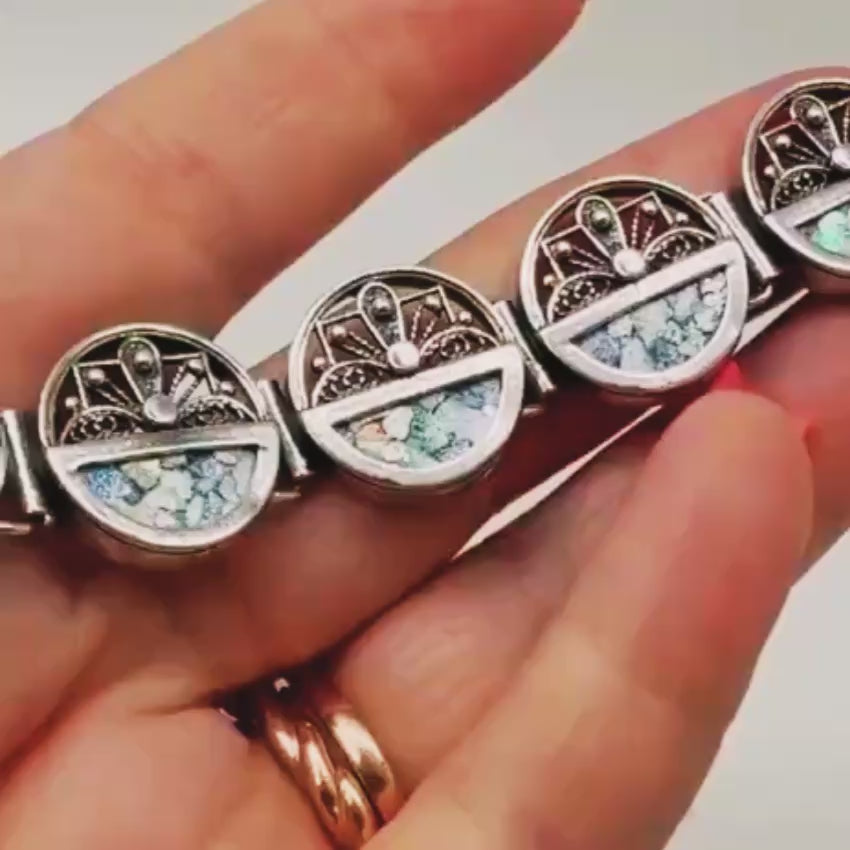 Load video: Sterling Silver Roman Glass Link Bracelet