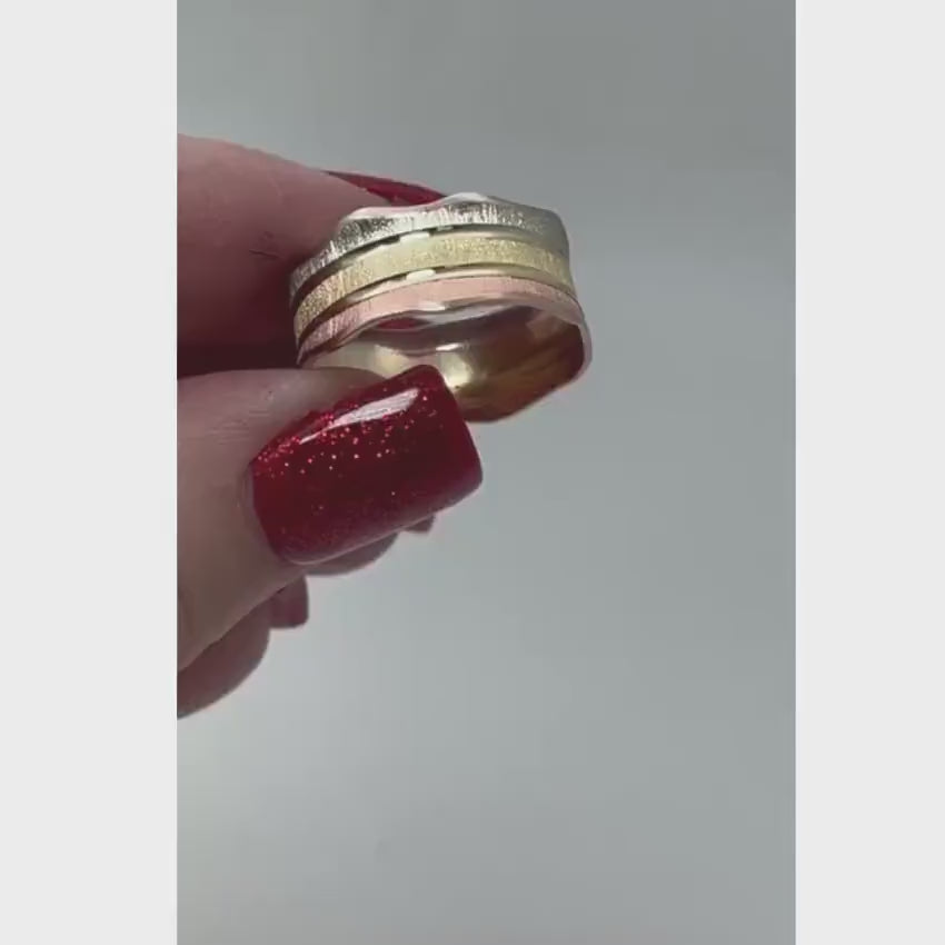 Load video: 14k Tri-Color Gold Florentine Wedding Ring