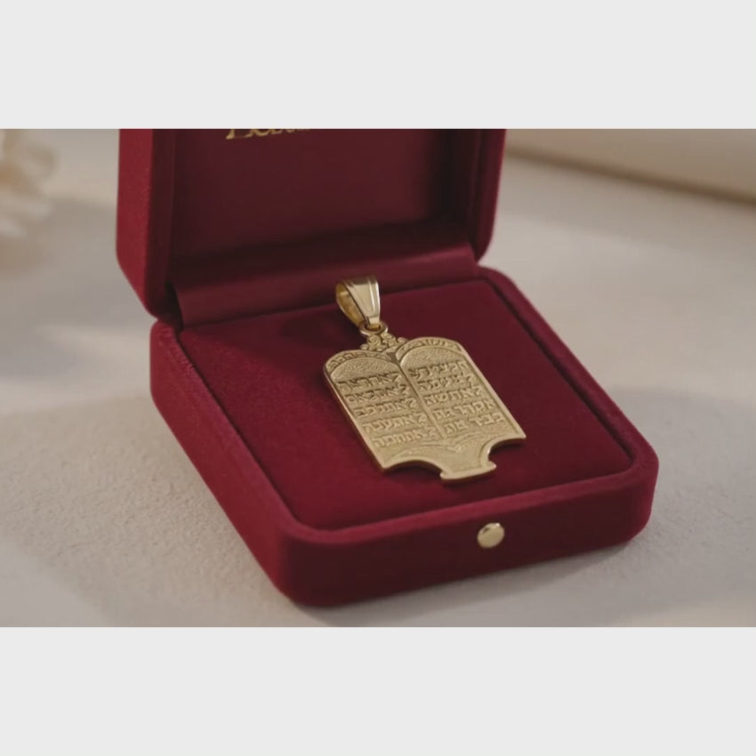 Load video: Torah Design Ten Commandments 14k Yellow Gold Pendant