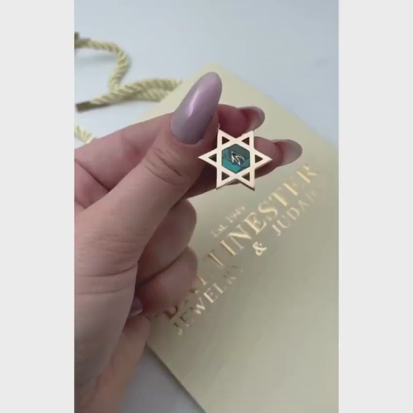 Load video: Star of David and Stylized Chai Pendant in 14K Gold with Eilat Stone