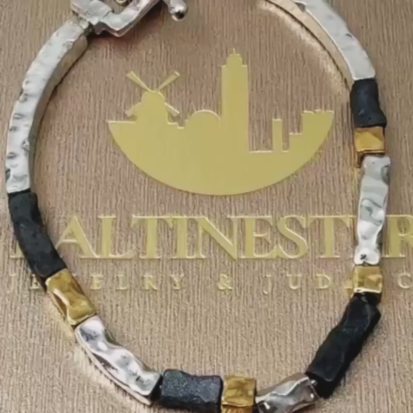 Load video: Handcrafted Israeli Mixed-Metal Bar Bracelet – Silver, Oxidized Silver &amp; Gold Plated