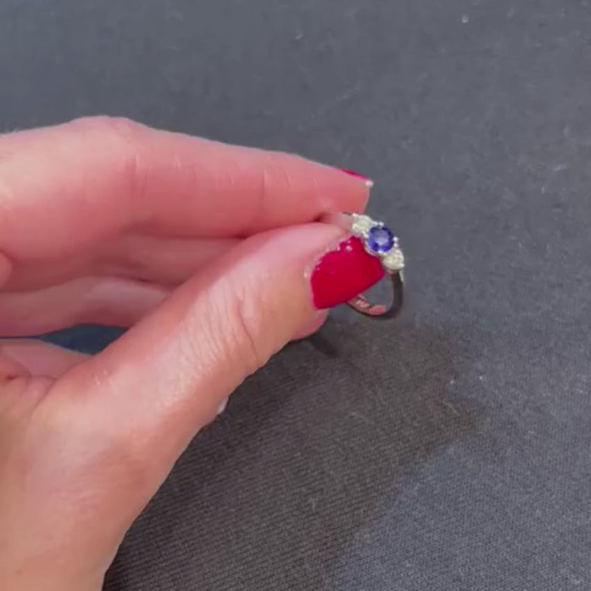 Load video: Sapphire &amp; Diamond 3 Stone Ring in 14K White Gold
