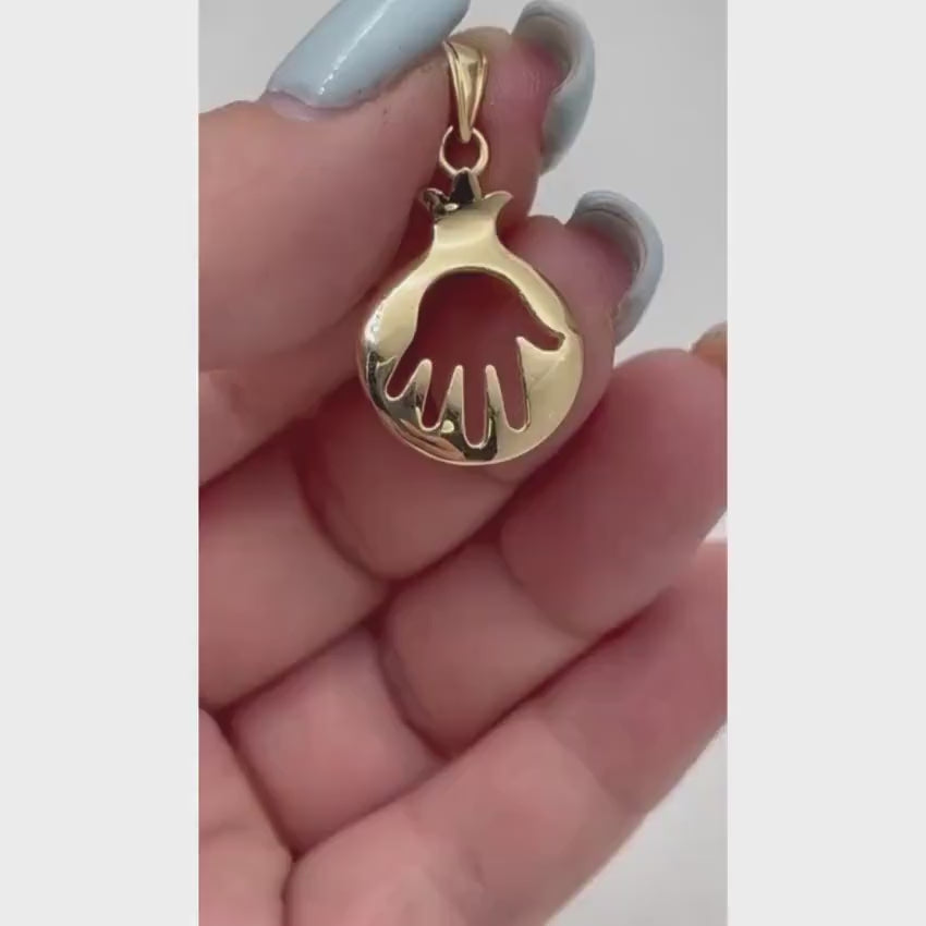 Load video: 14K Gold Pomegranate Cutout Hamsa Pendant