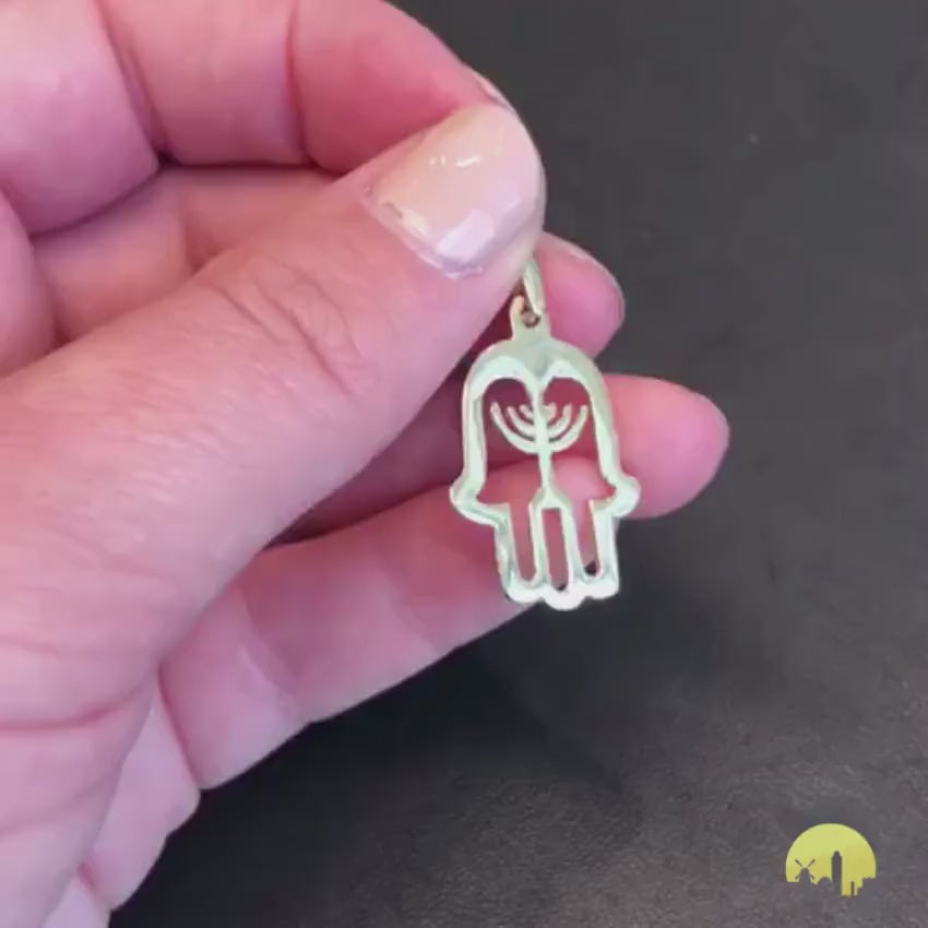 Load video: Hamsa Menorah 14k Yellow Gold Pendant