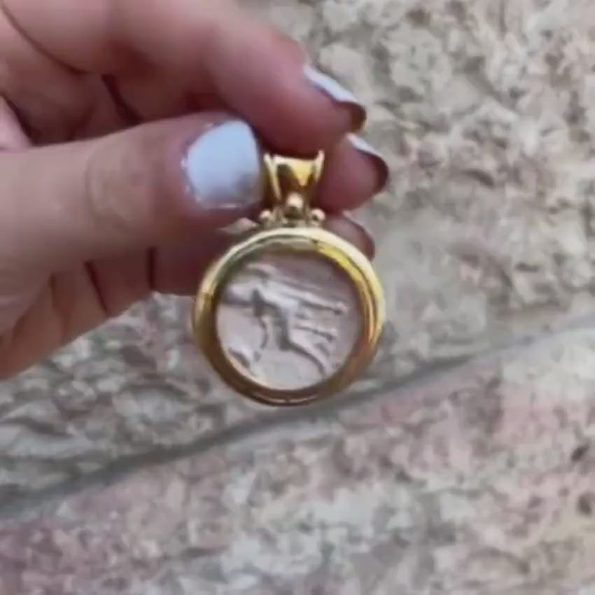 Load video: Diamond Alexander Ancient Coin 14k Yellow Gold Pendant