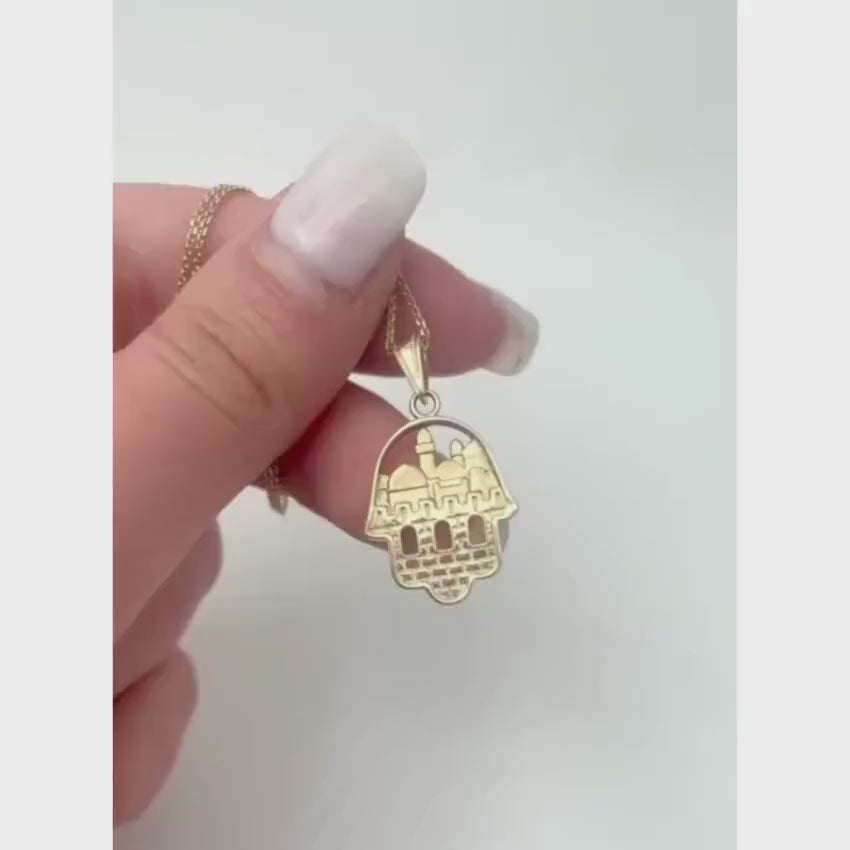 Load video: 14K Gold 3D Jerusalem Hamsa Pendant