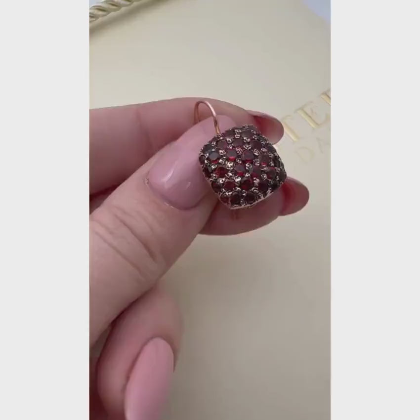 Load video: 14K Rose Gold Garnet Pavé Square Earrings