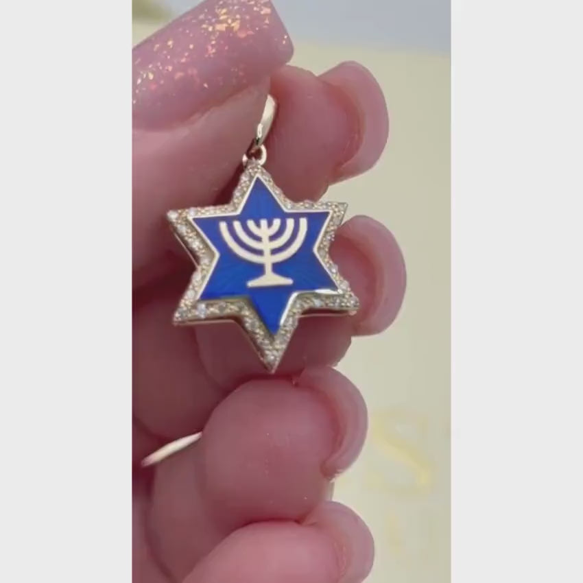 Load video: Diamond Star of David Menorah Pendant in 14K Gold and Blue Enamel