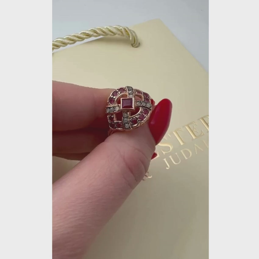 Load video: Vintage Style Rubies and Old Cut Diamonds 14k Rose Gold Ring