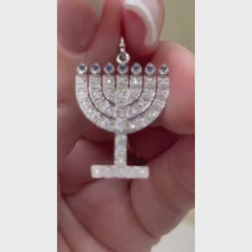 Load video: 14k White Gold Diamond Sapphire Menorah Pendant