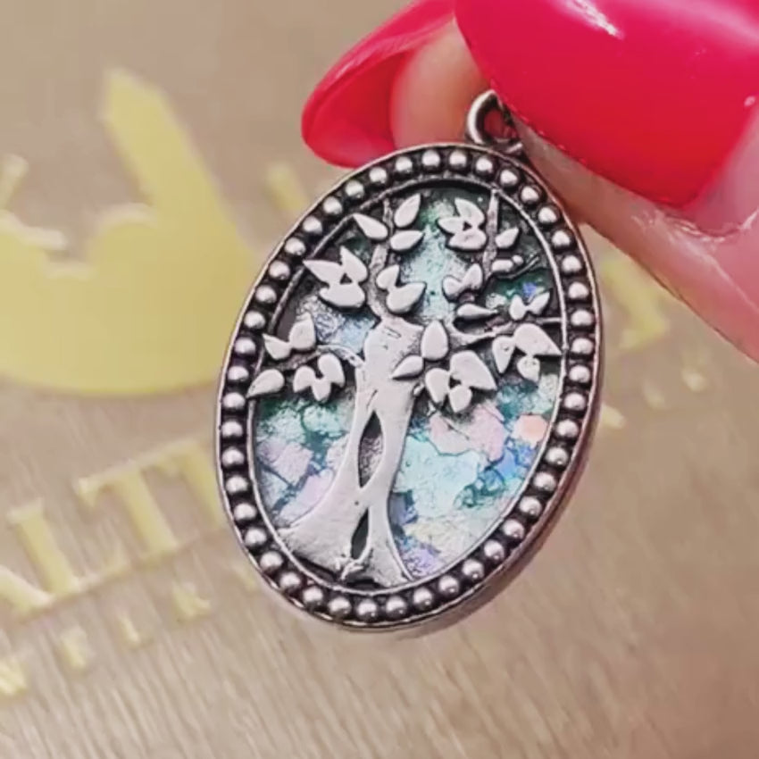 Load video: Oval Tree of Life Earrings with Roman Glass in Sterling Silver