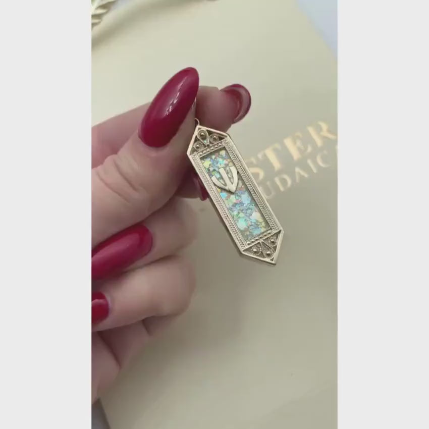 Load video: 14k Gold Filigree Roman Glass Mezuzah Pendant