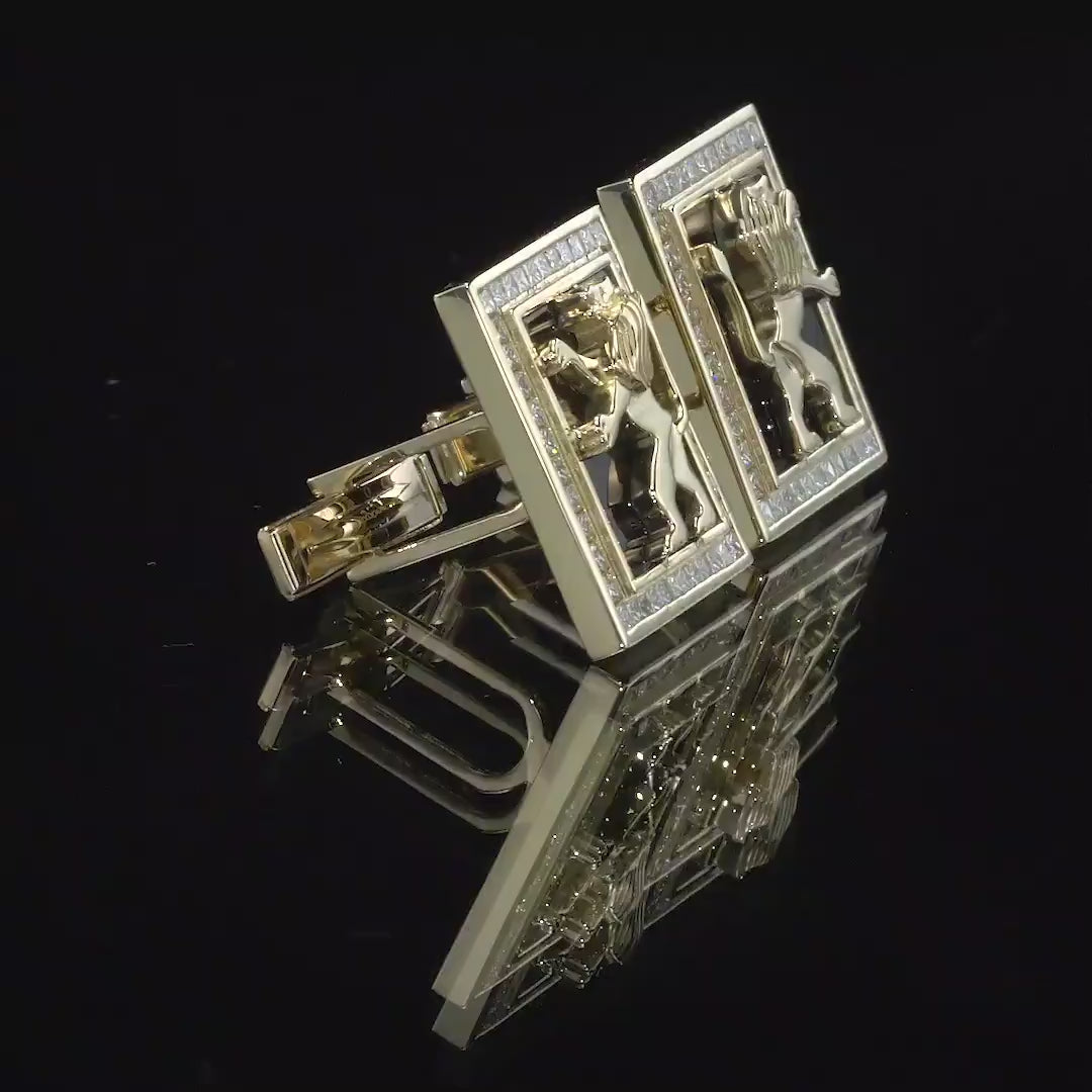 Load video: 14K Gold Onyx and Diamond Cufflinks with Lion of Judah