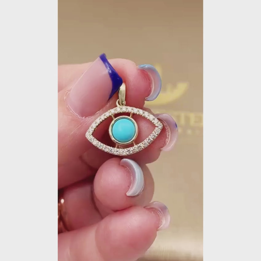 Load video: Evil Eye Pendant with Diamonds &amp; Turquoise in 14K Gold