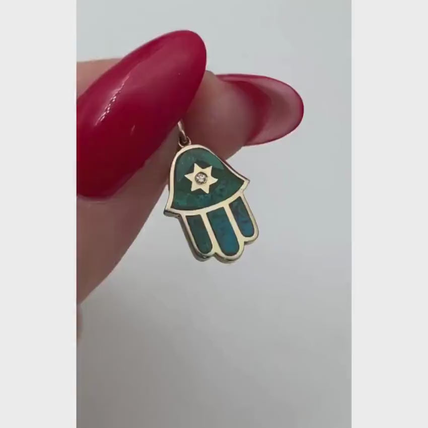Load video: Hamsa Star of David Pendant in 14K Gold with Diamond &amp; Eilat