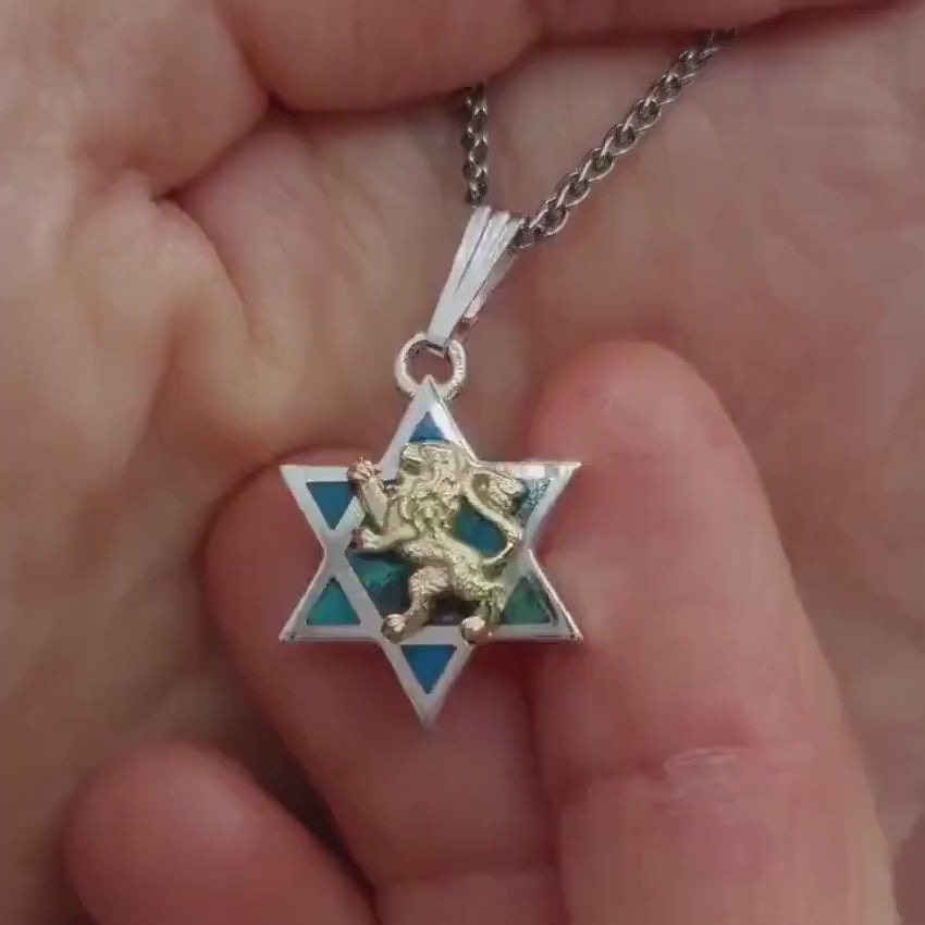 Load video: Star of David Eilat Stone &amp; Lion of Judah Necklace in Silver and Gold