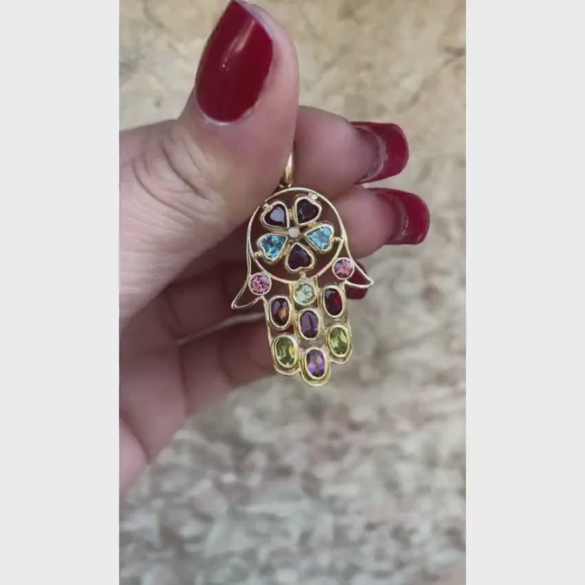 Load video: Hamsa Pendant - 14k Gold Diamond and Semi Precious Stones