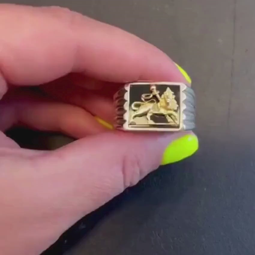 Load video: Bob Marley Style Lion of Judah Ring in Sterling Silver and Gold with Black Onyx