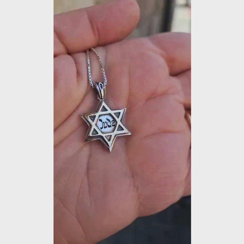 Load video: Star of David Jude &amp; NEVER AGAIN Pendant in 9K Gold and Sterling Silver