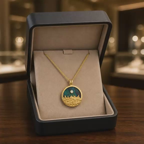 Load video: Jerusalem Skyline Pendant in 14K Gold with Eilat Stone &amp; Diamond