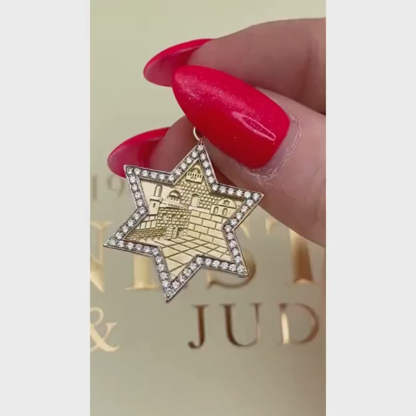 Load video: Star of David with Jerusalem Pendant in 14K Gold with Diamond Border
