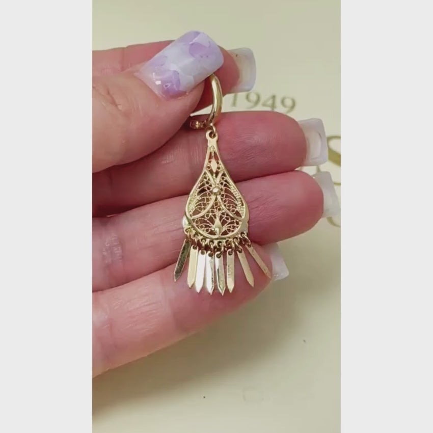 Load video: 14K Gold Teardrop Fringe Filigree Earrings