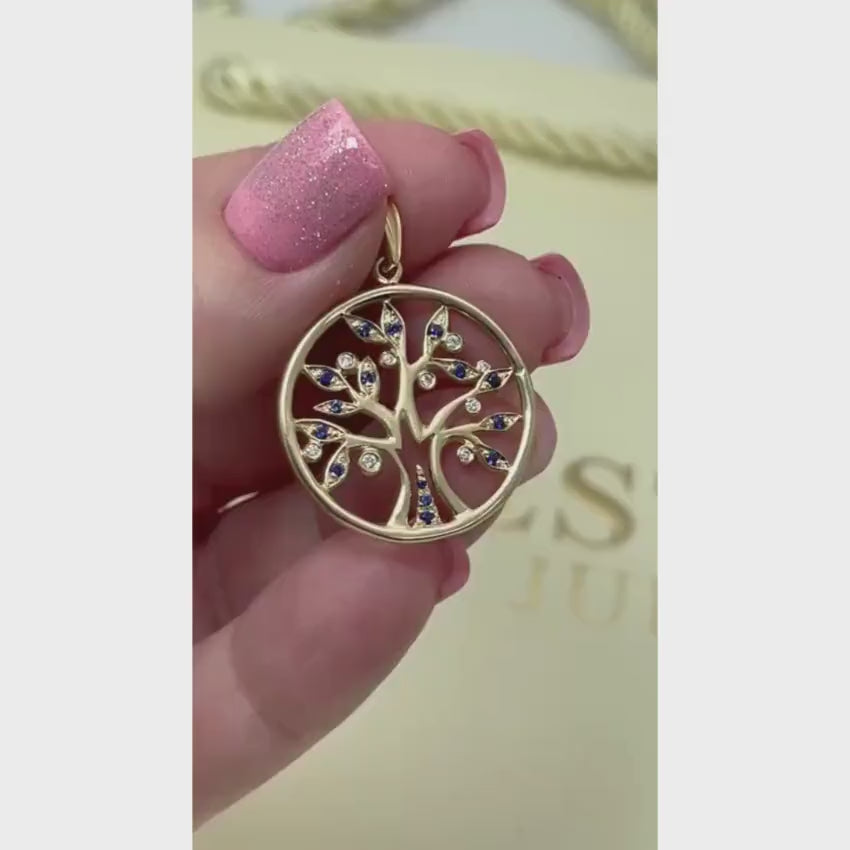 Load video: Tree of Life Round Pendant with Diamonds &amp; Sapphires in 14K Yellow Gold